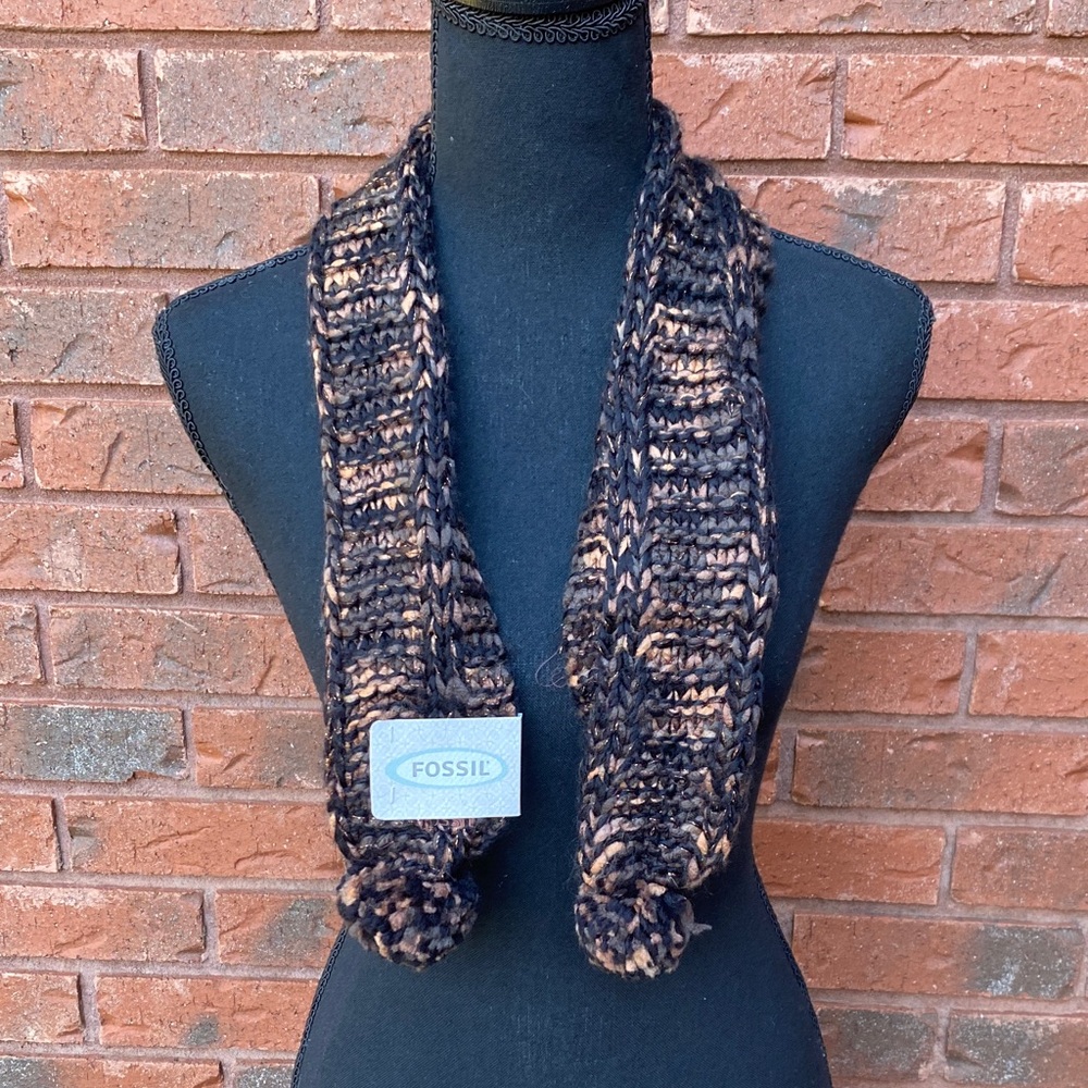 NWT Fossil Black Brown Knit Scarf with Pom-Poms